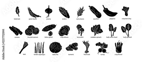 Vegetables in a abstract draw design. Label or poster, price tag. Illustrations in black and white. 