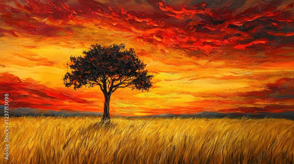 Fototapeta premium Majestic Solitary Tree Against Vibrant Sunset Over Golden Field