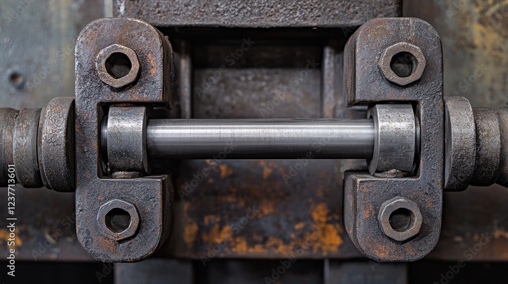 Rusty industrial metal shaft clamped in factory Rusty industrial metal shaft clamped in factory