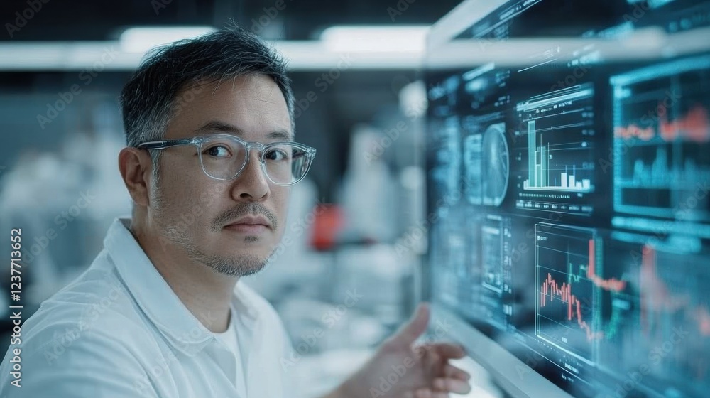 A focused professional analyzing data on a high-tech display in a modern workspace. A focused professional analyzing data on a high-tech display in a modern workspace.
