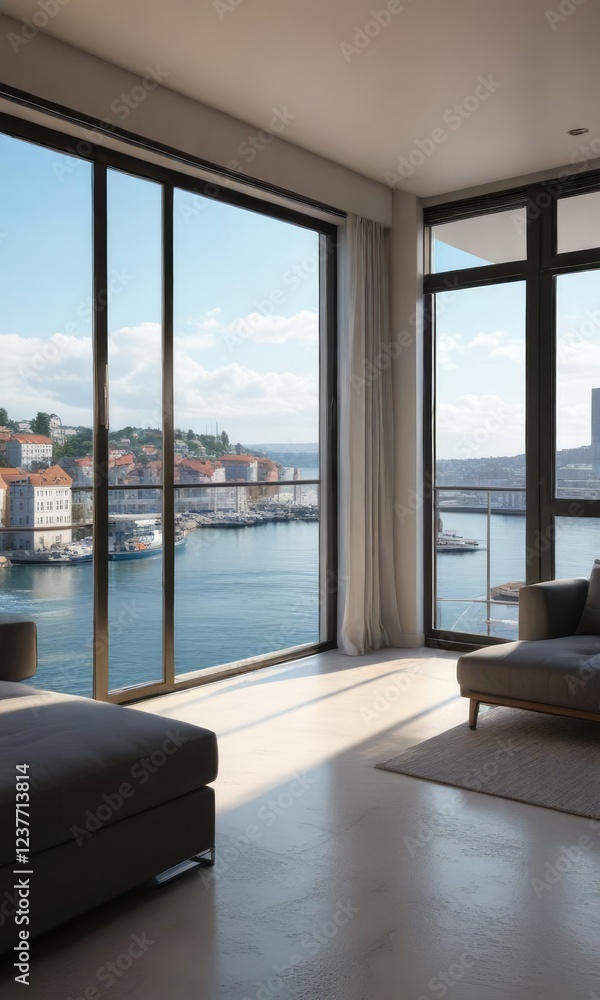 Fototapeta premium Modern apartment with large window overlooking the harbor, modern apartment, luxury apartment