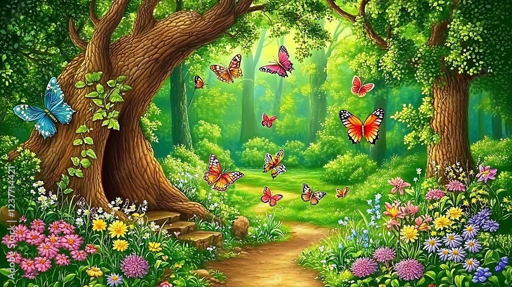 Obraz premium Butterflies flutter through a sunny forest path