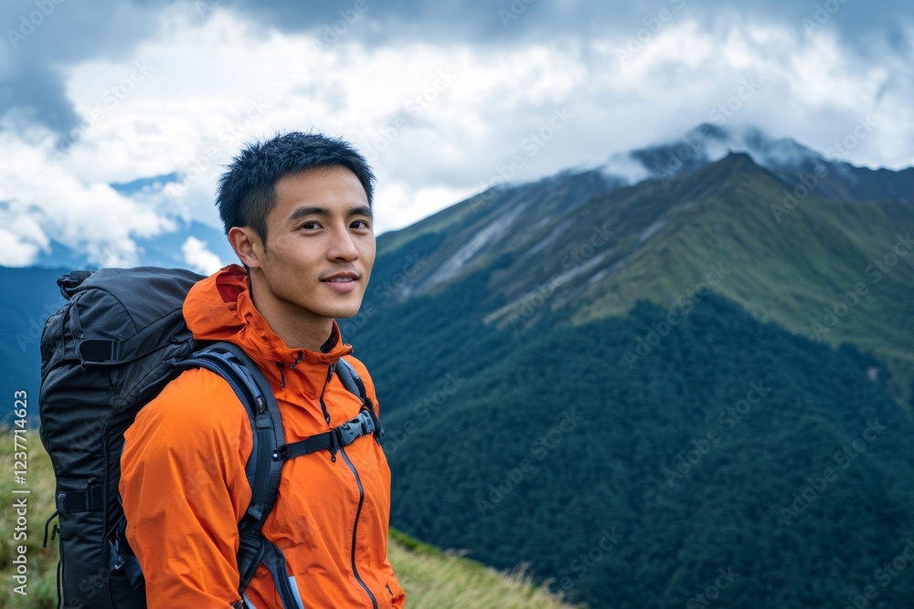 Man Enjoying View After Finishing Uphill Mountain Track, Man Enjoying View After Finishing Uphill Mountain Track,