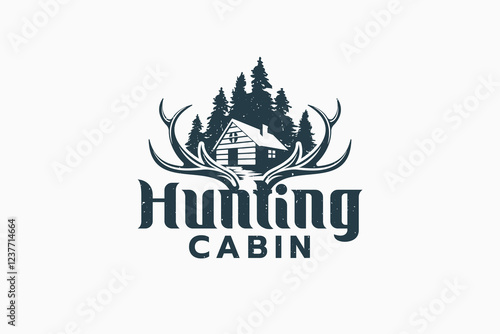 hunting cabin logo with combination of a log house, deer antler and pine forest. It is good for cabin rental, lodge, adventure business etc.
