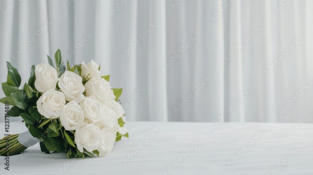 Elegant White Rose Bouquet on a Soft Fabric Background for Celebratory Events and Decorations Elegant White Rose Bouquet on a Soft Fabric Background for Celebratory Events and Decorations