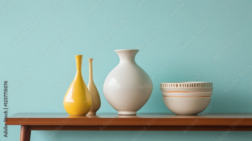 Minimalist Home Decor Ceramic Vases and Bowls on Wooden Shelf against Teal Wall Minimalist Home Decor Ceramic Vases and Bowls on Wooden Shelf against Teal Wall