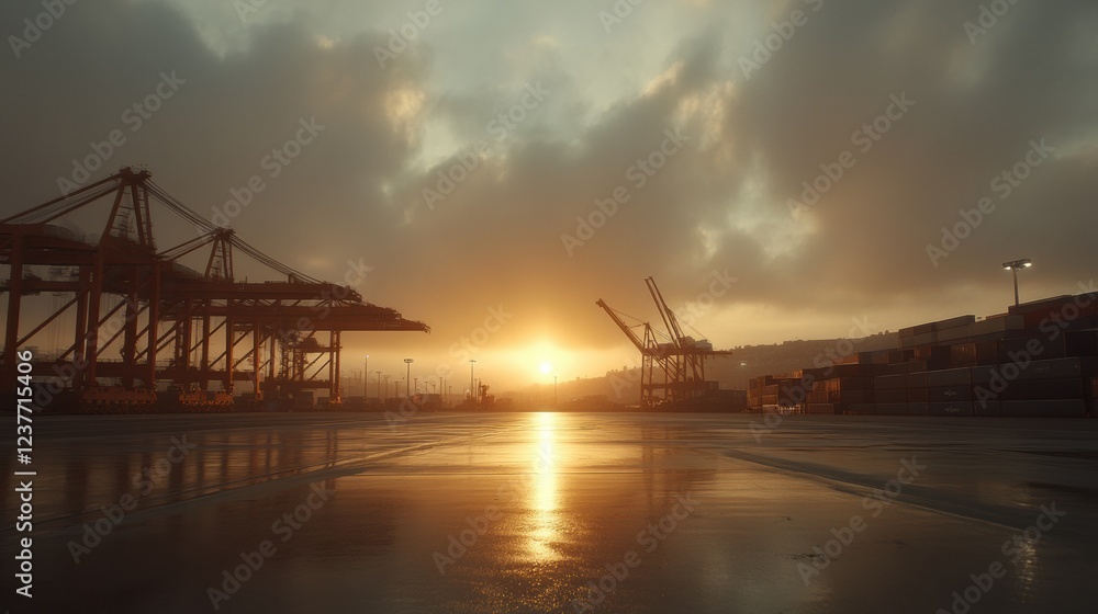 A stunning sunset over a busy shipping port with cranes silhouetted against the sky. A stunning sunset over a busy shipping port with cranes silhouetted against the sky.