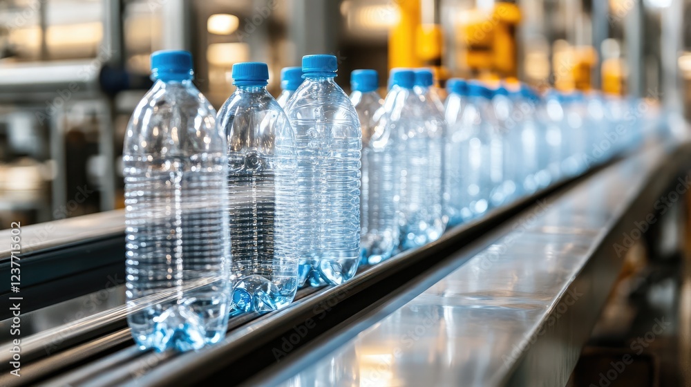 A conveyor belt sorting recyclable plastic bottles in a waste management facility A conveyor belt sorting recyclable plastic bottles in a waste management facility