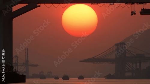 A vibrant sunset casts orange hues over silhouetted bridges and calm waters.