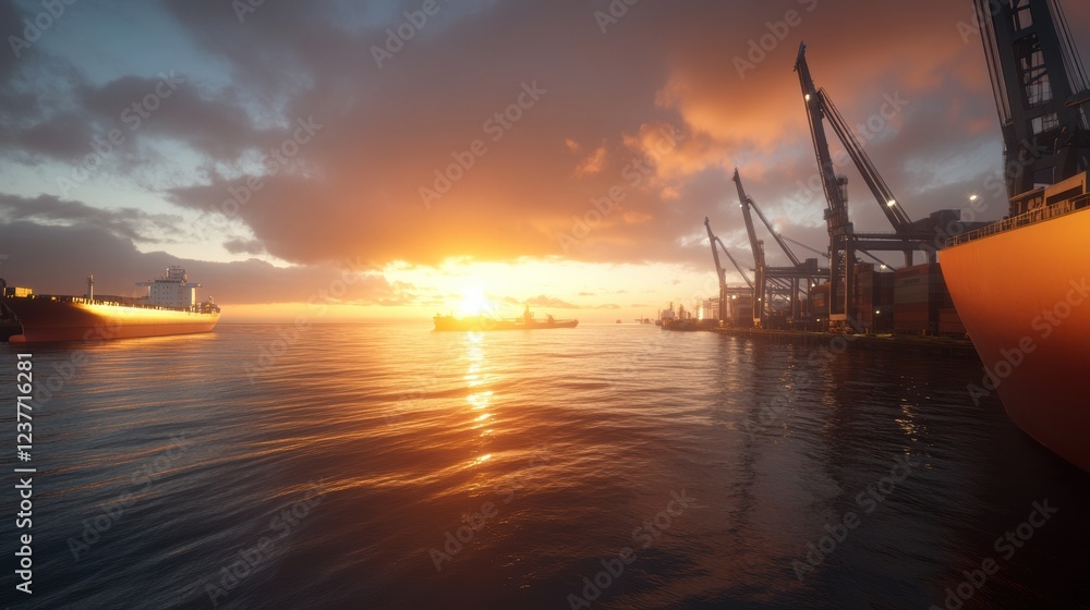Beautiful sunset over a tranquil harbor with ships and cranes silhouetted. Beautiful sunset over a tranquil harbor with ships and cranes silhouetted.