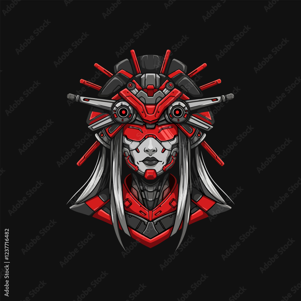 Cyberpunk Geisha Red Robotic Warrior in Dark Art Style Cyberpunk Geisha Red Robotic Warrior in Dark Art Style