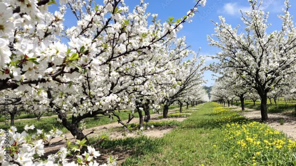 Blossoming orchard spring flowers sunny day landscape