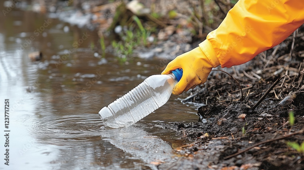Obraz premium A discarded plastic bottle being pulled from a river for recycling