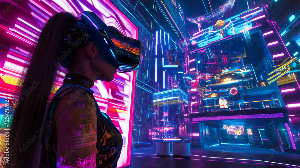 Obraz premium Girl in glasses of virtual reality. Augmented reality game, future technology, AI concept. VR. Neon light.