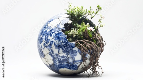 a broken abandoned Delftblue christmas ball. Plants, roots, flowers and a bonsai are overgrowing it. Against a white background photo