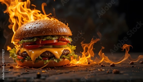 flame-grilled burger with cheese, lettuce, and tomato, set against a dark background. Perfect for food, fast food, and junk food themed projects