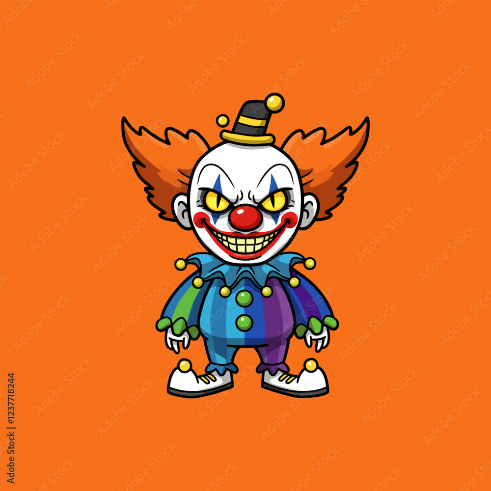 Naklejka premium Menacing Cartoon Clown Vibrant Halloween Illustration