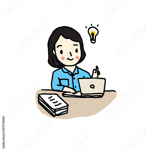 woman working and get a great idea, hand drawn style vector illustration