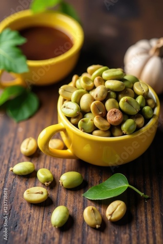 Bean pods scattered on wooden surface with brown liquid in yellow container, table, morning