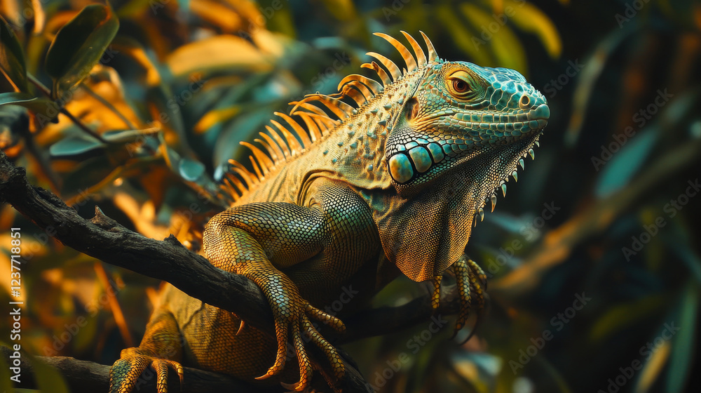 Fototapeta premium Green Iguana closeup on branch, animal closeup