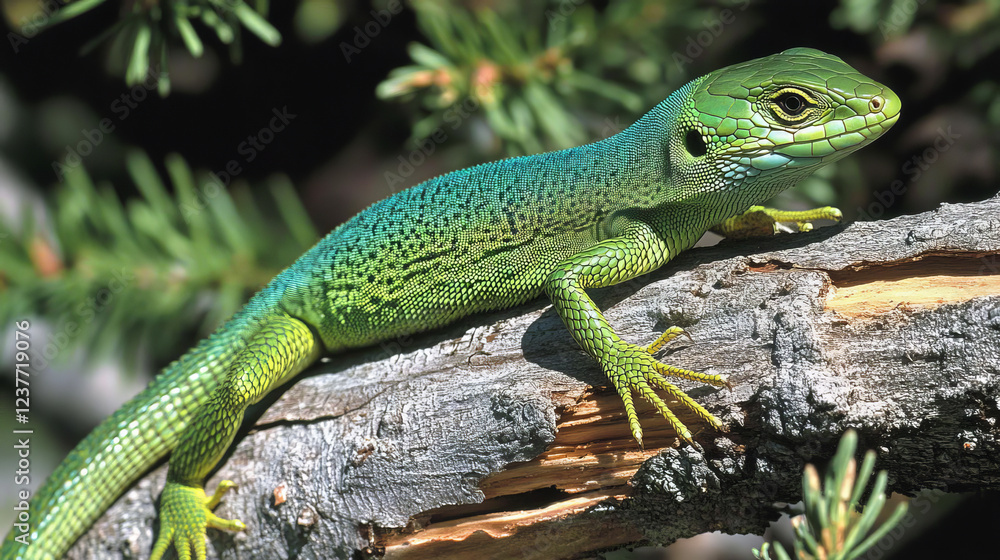 Green lizard on branch, green lizard sunbathing on branch, green lizard climb on wood, Jubata lizard Green lizard on branch, green lizard sunbathing on branch, green lizard climb on wood, Jubata lizard