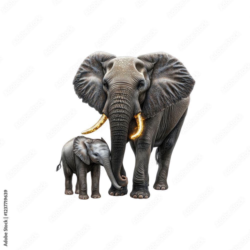 Fototapeta premium African Elephant Family Mother and Calf Tender Moment