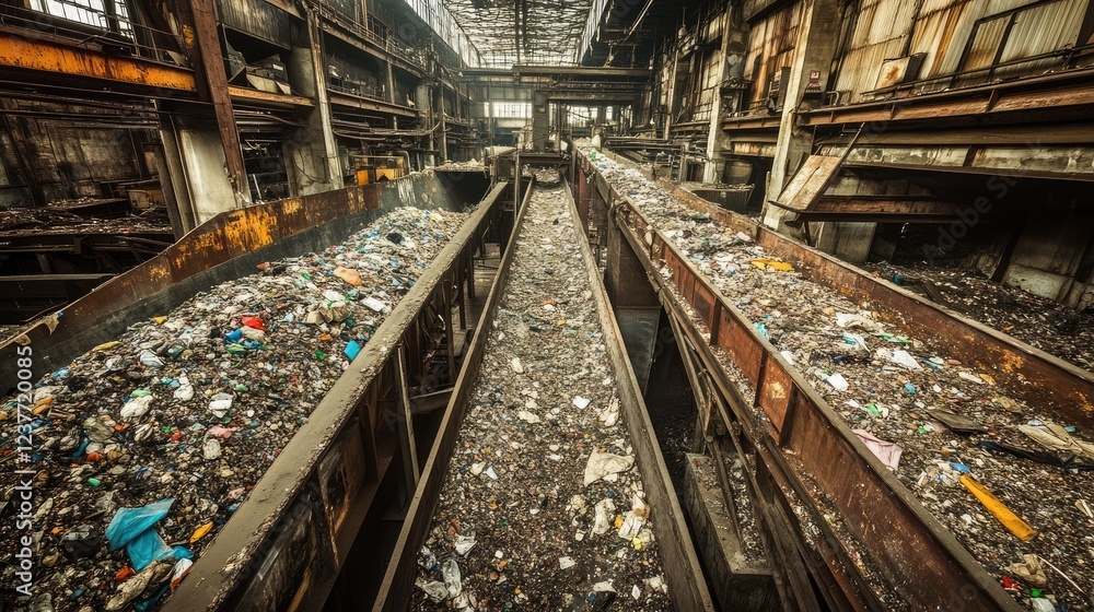 A large-scale waste separation facility with different conveyor belt sections A large-scale waste separation facility with different conveyor belt sections