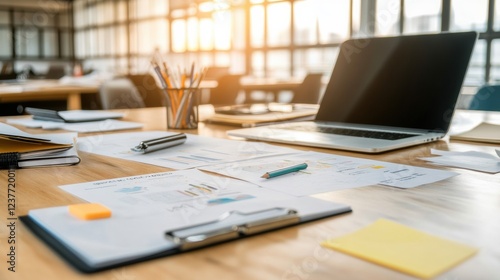 Wallpaper Mural Modern office workspace with laptop, papers, and stationery in sunlight. Torontodigital.ca