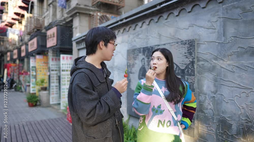 A cafe on a public road where many people walk in Shanghai, China. A young Chinese man and a woman in their 20s are drinking coffee and tea. A cafe on a public road where many people walk in Shanghai, China. A young Chinese man and a woman in their 20s are drinking coffee and tea.
