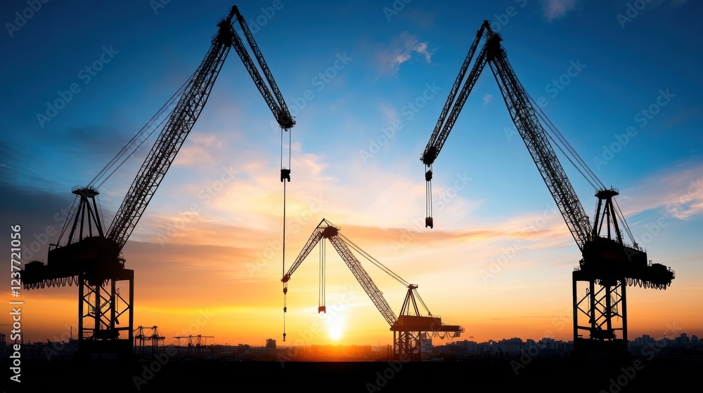 Silhouette of cranes against a vibrant sunset sky, representing construction and progress. Silhouette of cranes against a vibrant sunset sky, representing construction and progress.