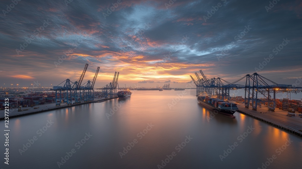 Stunning sunset view over a busy shipping port with cranes and calm waters. Stunning sunset view over a busy shipping port with cranes and calm waters.