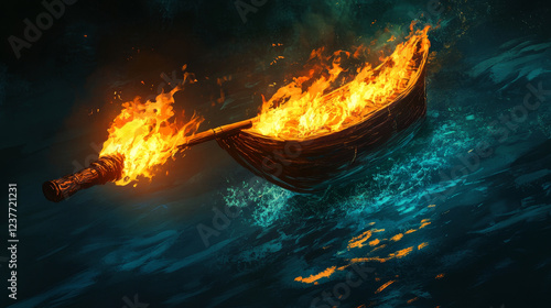 Cartoon pirate torch with burning fire. Isolated vector medieval torchlight casting an eerie glow with dancing flames, illuminate the night, revealing secrets hidden in the darkness of the high seas photo