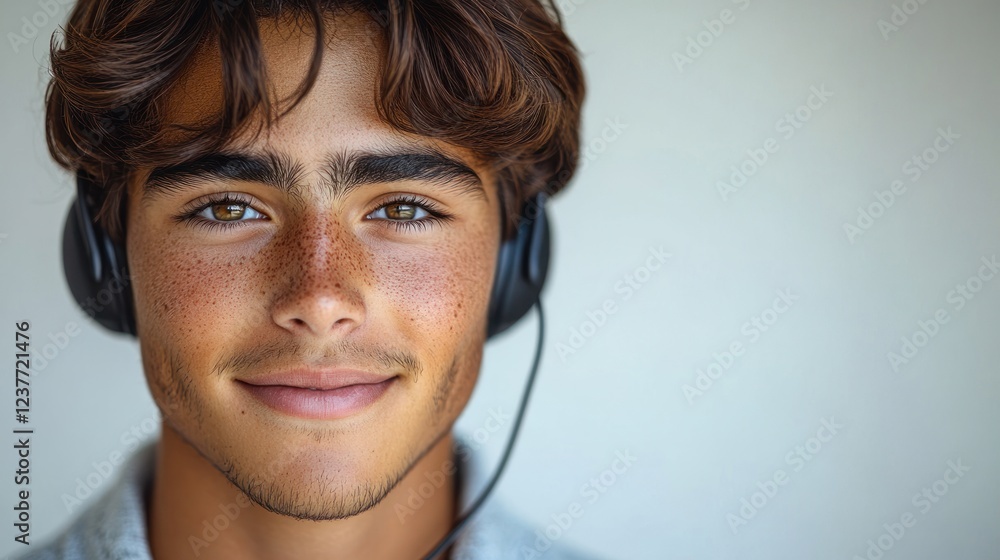 Portrait of a Young Man with Headphones, Calm and Serene Expression Portrait of a Young Man with Headphones, Calm and Serene Expression