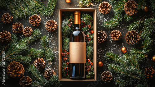 Flat lay of wine bottle in gift box surrounded by pine branches, pine cones, and festive ornaments on dark background.