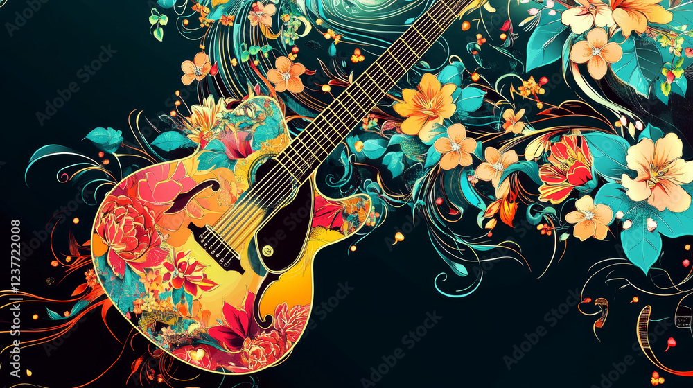 Guitar with floral elements in retro style for musical design. Vector version also available in gallery Guitar with floral elements in retro style for musical design. Vector version also available in gallery