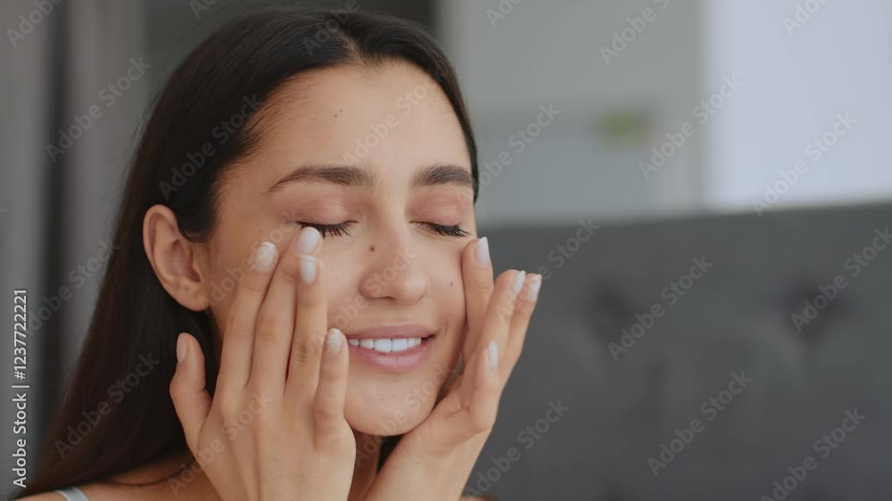 A young Arab woman smiles with closed eyes while pampering her skin at home. She applies facial cream as part of her daily beauty routine, embracing self-care and relaxation. A young Arab woman smiles with closed eyes while pampering her skin at home. She applies facial cream as part of her daily beauty routine, embracing self-care and relaxation.