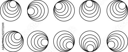 Concentric ripple circles icon set, Seismic Earthquake alert radar. Radial signal, sonar wave, soundwave rings. touch effect or pulse Vector graphic design elements isolated on transparent background,