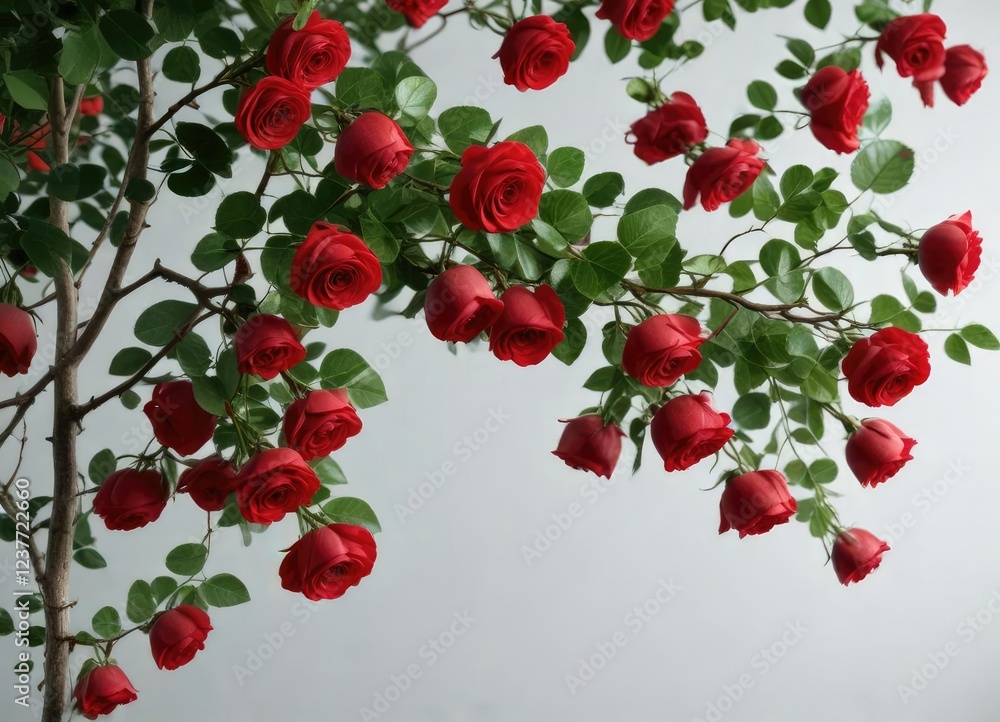 Long red rose petals unfolding on a leafy branch, foliage, floral Long red rose petals unfolding on a leafy branch, foliage, floral