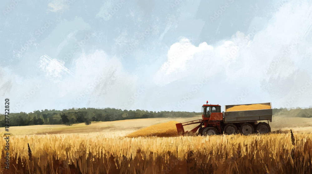 Obraz premium Combine harvester delivering harvested grain onto a grain trailer on a farm