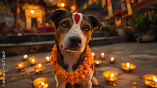 Tihar Festival in Nepal, dogs decorated with marigold flower necklaces and red tika marks on forehead, warm atmosphere in the courtyard with small lamps lit at night. AI Generated Images. photo