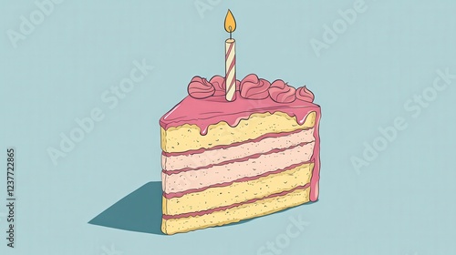 Birthday Cake Slice: A delightful illustration of a delicious slice of layered cake, adorned with pink frosting, a flickering candle, and whimsical swirls. Perfect for celebrations and sweet moments.