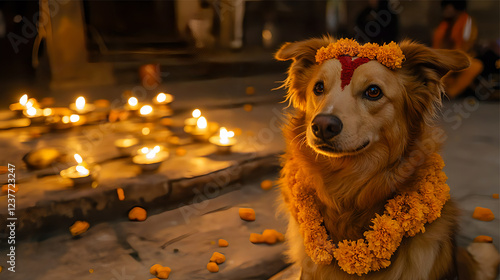 Tihar Festival in Nepal, dogs decorated with marigold flower necklaces and red tika marks on forehead, warm atmosphere in the courtyard with small lamps lit at night. AI Generated Images. photo