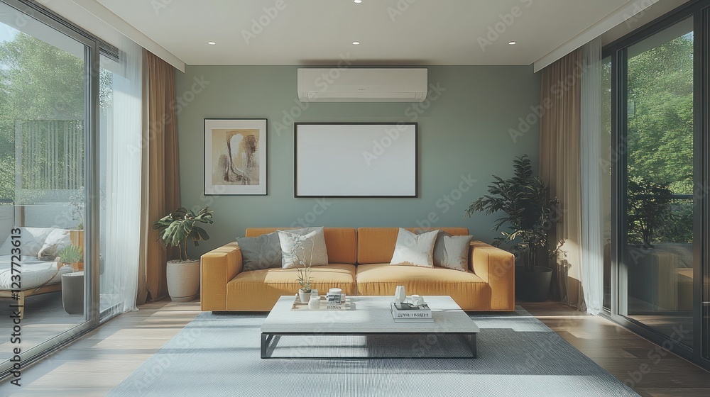 Fototapeta premium Modern apartment living room, balcony view, sunny day, interior design mockup