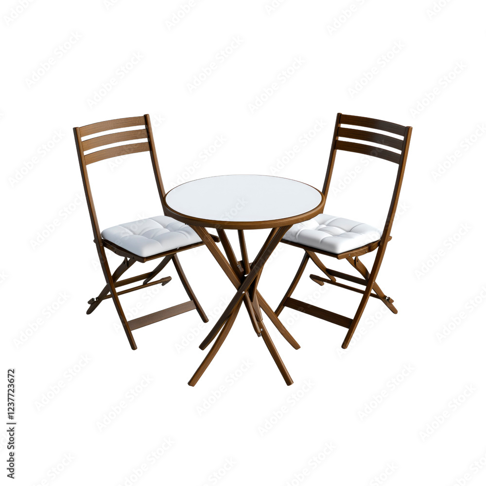 Modern Brown Wooden Bistro Set with White Cushioned Folding Chairs and Round Table Modern Brown Wooden Bistro Set with White Cushioned Folding Chairs and Round Table