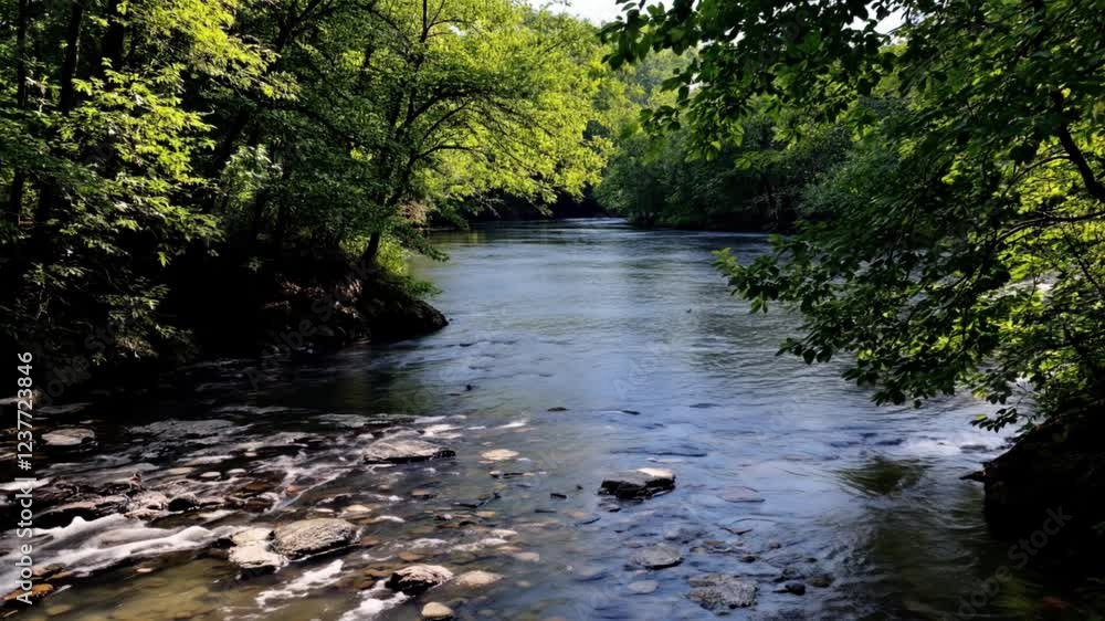 Calm river flowing through lush forest, sunlight dappling water
