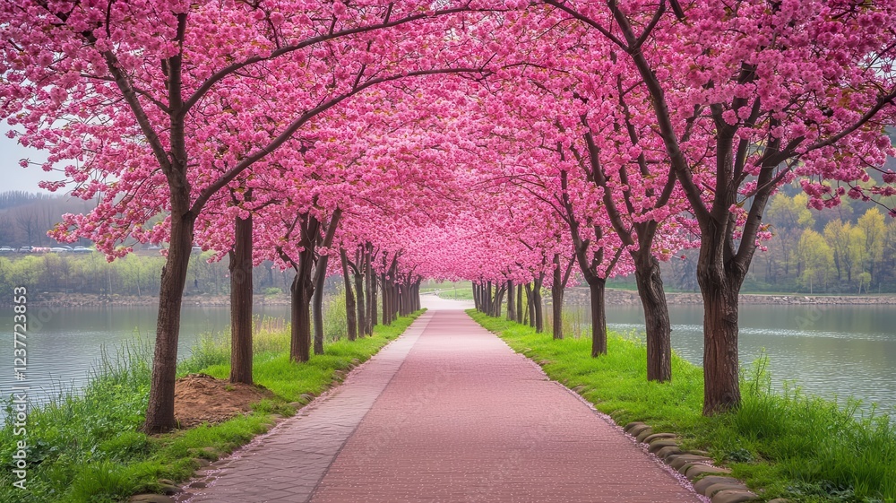 Naklejka premium serene cherry blossom path flat design front view tranquility theme watercolor vivid