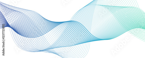 Abstract muted background with azure wavy lines. Swirl wave teal color flow smooth design. Concept business presentation, Brochure, Flyer, Science, Technology. Pattern striped line curve flow