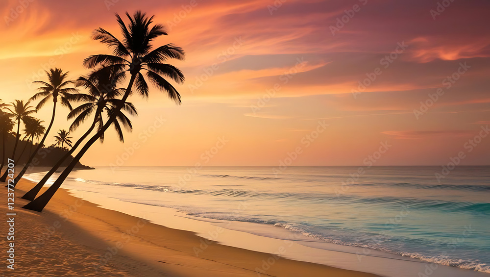 Sunset over the tropical beach with palm trees and ocean waves Sunset over the tropical beach with palm trees and ocean waves