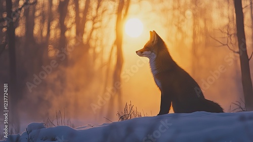 A red fox silhouetted against a snowy forest at dusk, its breath visible in the cold air.