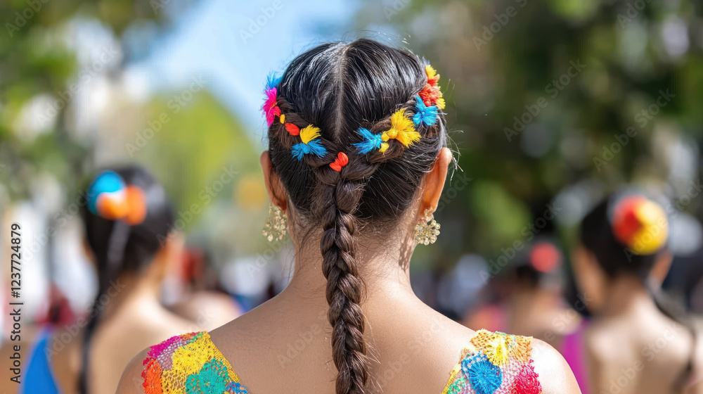 Naklejka premium Australian woman wearing colorful huipil smiling enjoy vacation at street festival